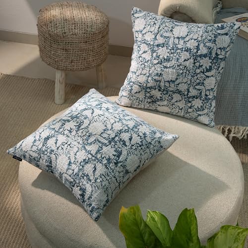 Handblock Printed Vintage Indian Cotton Decorative Throw Pillow Covers, Set of 2 (Denim Blue, 18" x 18" (Pack of 2)) - color: Denim Blue, size: 18" x 18" (Pack of 2)