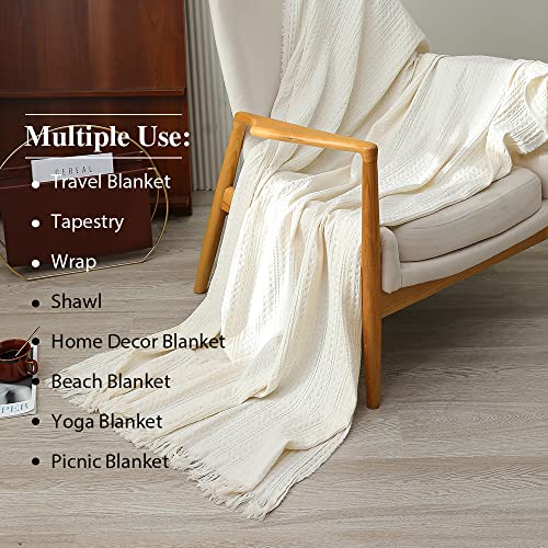 Simple&Opulence 100% Cotton Throw Blanket for Couch, Bed, Waffle Weave Cable Knit Blanket with Tassels, Soft Lightweight Pre-Washed Breathable Cozy Blanket Farmhouse Decoration for All-Season (White) - color: White