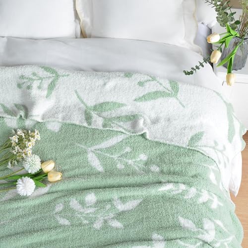 Leaf Pattern Throw Blanket Soft Cozy Spring Blanket for Bed, Couch, Sofa Lightweight Breathable Stylish Seasonal Home Decor Blanket Sage Green 60x80 Inches - color: Leaf Sage Green, size: 60x80