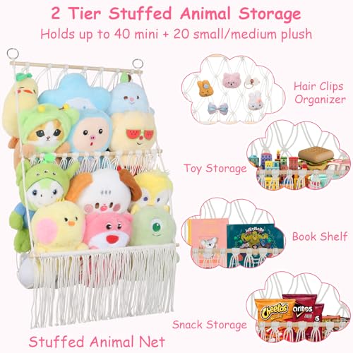 2 Tier Stuffed Animal Storage Shelf Net, 17x32Inch Large Stuffed Animal Organizer Holder Display for Mini Medium Stuffy,Beige Boho Macrame Wall Stuffy Storage Plushies Storage for Nursery Decor - color: Beige, size: Large-2 Tier-17x32 Inch