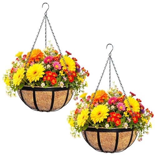 2 Pack 12 Inch Metal Outdoor Hanging Baskets Black Heavy Duty Hanging Planters with Coco Liners for Indoor Outdoor Plants Gardens Patios Terraces（Flat Iron） - color: Flat Iron