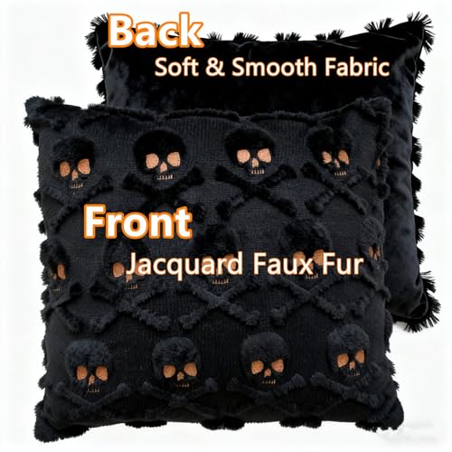 Black Skull Halloween Throw Pillow Covers 18x18 inch Set of 2, Spooky Tufted Embroidered Plush Cushion Covers for Couch Sofa Holiday Decor - color: Skeleton