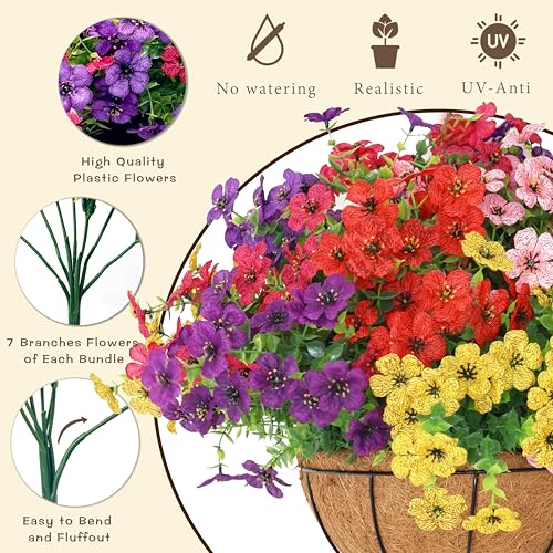 Senjie 12 Bundles Artificial Hanging Flowers with Basket for Outdoor Decor, UV Resistant Faux Flowers Fake Hanging Planter for Porch Patio Balcony - color: Mix 6 Color