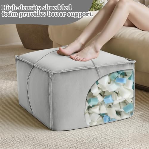 MeMoreCool Stuffed Round Pouf Ottoman Foot Rest, Floor Pouf Foot Stool with Soft Foam Chunk Filling, Small Round Ottoman Footstool Circle Footrest for Living Room - color: Piping Light Grey