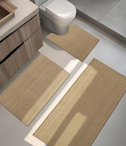 YIHOUSE Bathroom Rugs Sets 3 Pieces, Beige Ultra Thin Bath Mats Fit Under Door, Absorbent Quickly Dry Rubber Backing Braided Bath Mat Set, Non Slip Washable Bath Rugs for Bathroom Floor, Beige - color: Beige, size: 3pieces