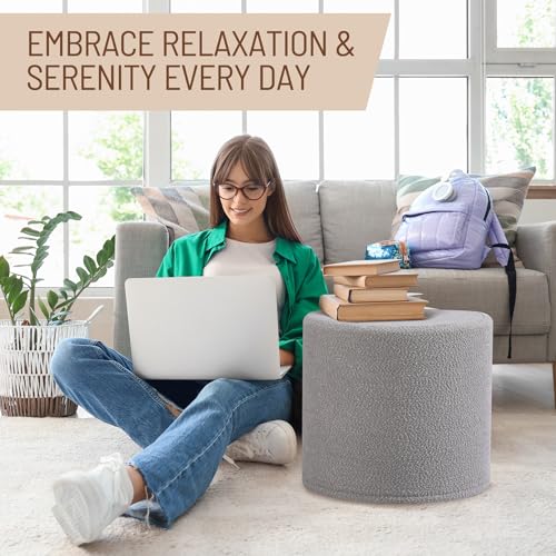 Grey Round Ottoman Foot Rest Stool – Modern Boucle Fabric Footstool with Soft Foam Filling, Lightweight Pouf for Living Room, Bedroom, Home Office – Neutral Grey - color: Grey