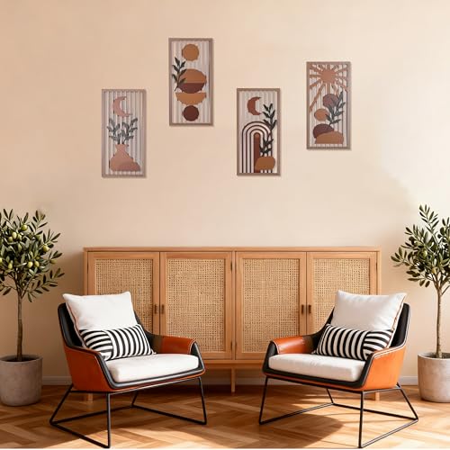 Orange Boho Wall Art Set of 4, Abstract Geometric Wooden Terracotta Wall Decor, Mid-Century Modern Aesthetic Artwork with Arch, Vase & Botanical Design for Modern Home Decor for Bedroom, Office & Living Room(B) - color: B