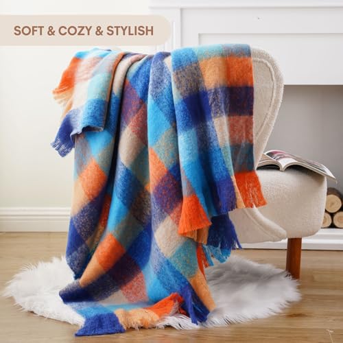 Battilo Colorful Plaid Throw Blanket for Couch Bed, Fall Blue Plaid Throw Blanket with Vibrant Colors,Super Soft Cozy Cashmere Mohair Tartan Plaid Blanket for Fall Decor Home Decor(50"x60") - color: Multi Blue