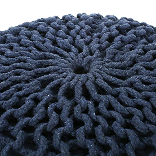 Round Boho Pouf Ottoman - Cable Knitted Cord Boho Pouffe - Stuffed Poof Accent Beanbag Footrest for Living Room - Nursery - Bedroom - Covered Patio - Study Nook (20"x20"x13") (Navy Blue) - color: Navy Blue