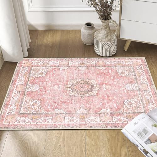 Small Rugs 2'x3',Pink Rug for Entryway Bathroom Kitchen Entrance Doormat,Boho Vintage Bohemian Distressed Washable Accent Indoor Mat Floor Throw Carpet Non Slip,Blush Floral Flowers - color: Pink, size: 2'x3'