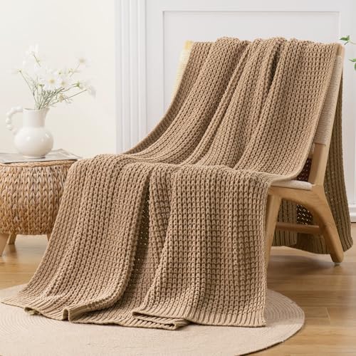 Bunnikins & Clover Beige Throw Blanket for Couch, Knitted Beige Throw for Bed, Neutral Throw Blankets Tan Blanket for Room Decor Housewarming Gifts, 60"x80" - color: Beige, size: 60"x80"
