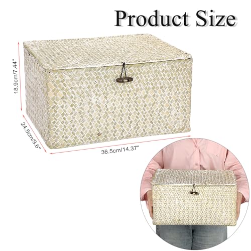 Hipiwe Wicker Shelf Baskets Bin with Lid, Large Natural Seagrass Basket Storage Bins Handwoven Rectangular Household Basket Boxes for Shelf Wardrobe Home Organizer and Decor, Whitewash - color: Whitewash, size: Large