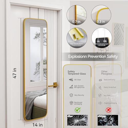 SCWF-GZ 47x14 Mirror Rectangle Full Body Length Door Hanging Wall Mounted Aluminum Alloy Metal Frame Dressing Make-up Mirrors for Entryway Bedroom Bathroom Living Room 47 14 inch Gold - color: Gold, size: 47"L x 14"W