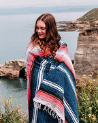 Open Road Goods Mexican Diamond Blanket - XL Heavyweight Yoga Blanket – Handmade in Mexico - Thick Boho Serape Saltillo Style Throw for Beach, Picnic, Home, Camping and More! (Aegean Blue & Pink) - color: Aegean Blue & Pink