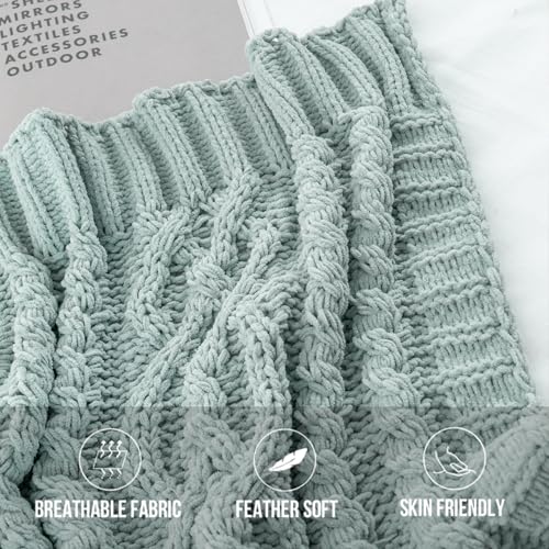 Battilo Sage Green Throw Blanket for Couch, 51"x67", Soft Cozy Chenille Throw Blanket, Knit Blanket Sage Throw, Decorative Boho Throw Blanket for Living Room - color: Sage Green
