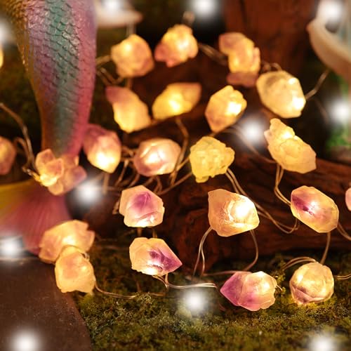 Genuine Amethyst Crystal Fairy Lights, Natural Healing 20 Raw Stones String of Lights 6.5ft Remote Control USB Plug in for Reiki Ornaments Bedroom Wedding Decoration