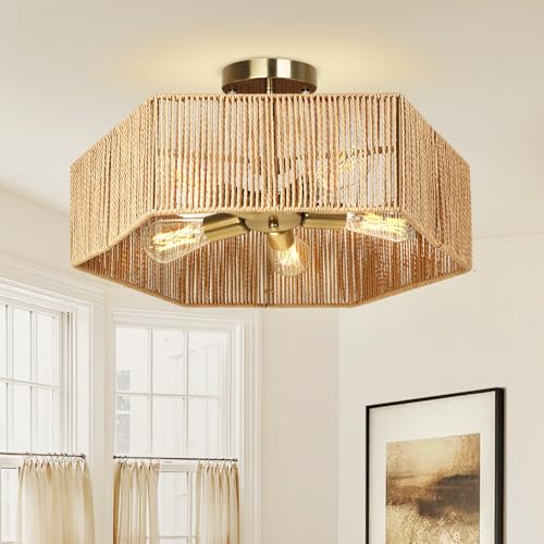 21.2" Rattan Ceiling Light 5-Light Boho Light Fixture Bohemian Ceiling Light Fixture for Bedroom Living Room Dining Room, Bulb NOT Included