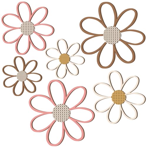 Thyle 6 Pcs Daisy Wall Decor Wooden Daisy Wall Sculptures Art Flowers Signs Hanging Plaque for Home Nursery Bedroom Farmhouse Bathroom Decorations Housewarming Gifts(Warm Color) - color: Warm Color
