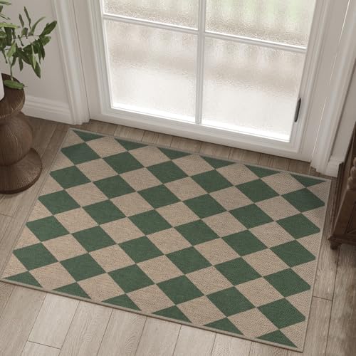 Rugalia Easy Jute Checkered Entryway Rug, 2x3 Green Modern Indoor Outdoor Doormat, Washable Non-Slip Neutral Small Kitchen Rug Farmhouse Diamond Throw Rugs for Entrance Bedroom Bathroom - color: Green Checkered, size: 2' x 3' (Rectangular)