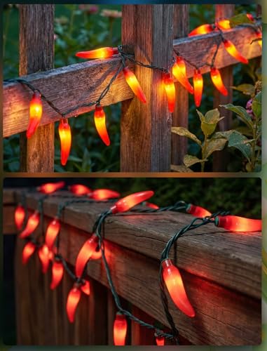 35 LED Red Chili Pepper Christmas Lights, 13.6Ft Outdoor String Lights with Warm White Bulbs, Plug in Fairy Lights for 4th of July Kitchen Patio Garden Decor, Cook Off Decorations for Cinco De Mayo - color: Red Pepper