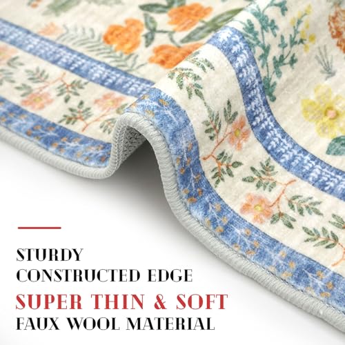Lansny Boho Entryway Rug 2x3 Washable, Garden Yellow-Green Floral Kitchen Rug, Super Thin Faux Wool Small Area Rug, Non-Slip Soft Carpet for Foyer, Bedroom, Office - color: Garden Yellow-green, size: 2' x 3' (Rectangular)