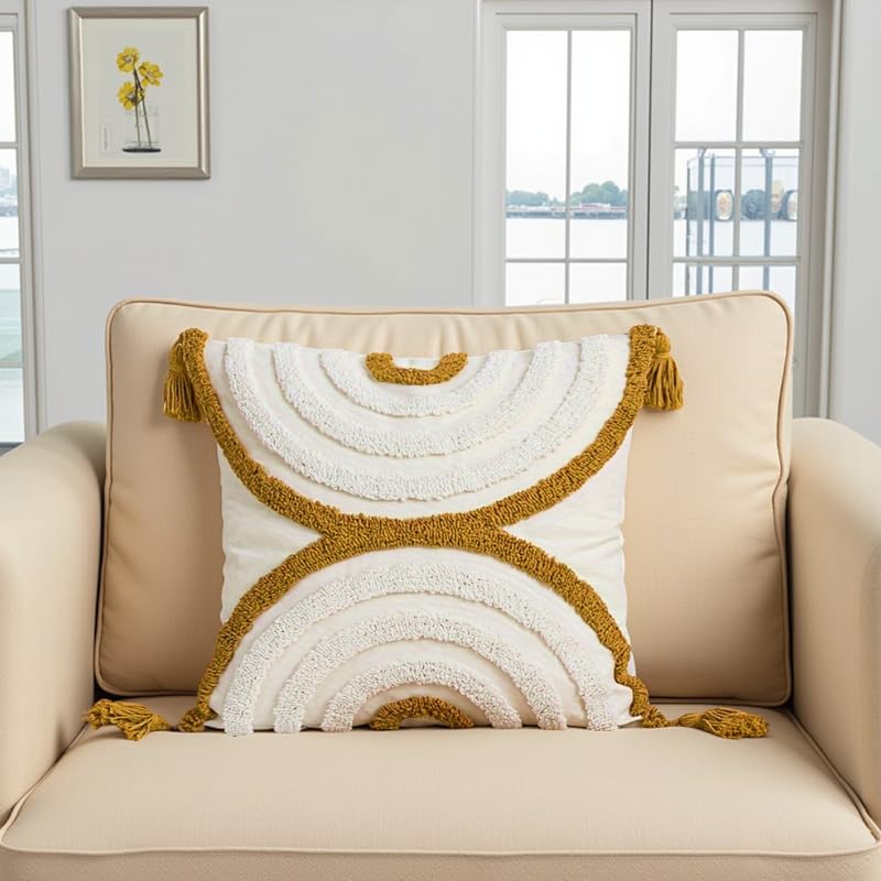 Andreannie Pack of 2 Boho Tufting Throw Pillow Cover Embroidered Textured Cushion Cover with Tassels Soft Home Decororative for Couch Sofa 18x18 inch (Boho Circle) - color: Boho Circle