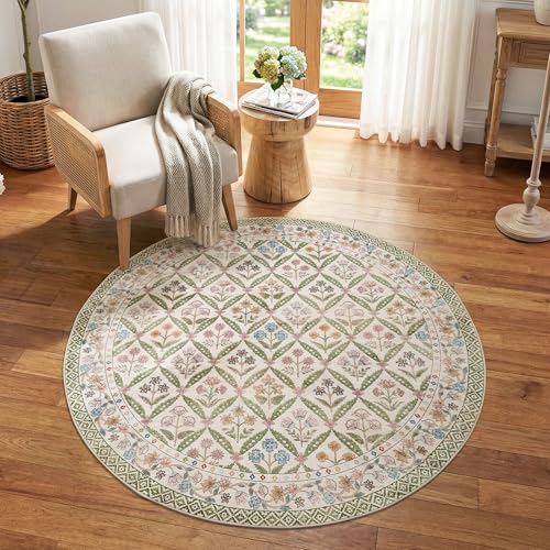 jinchan Haden Round Rug 5ft Vintage Floral Washable Rug for Entryway Kids Room Soft Non-Slip Low Pile Circle Carpet Nursery Living Room Reading Nook Cottage Indoor Decor Sage Green - color: Sage Green, size: 5' (Round)