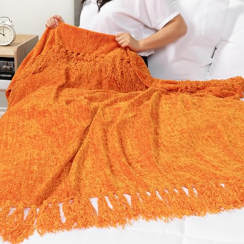 PAVILIA Orange Blanket for Couch, Twin Size Bed, Chenille Throw for Sofa Bed, Soft Knit Woven Blanket with Decorative Tassel for Living Room, Orange Twin 60x80 - color: Orange, size: 60 X 80 Inches - Twin