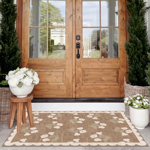 Floral Outdoor Rug - 28" x 43" Spring Front Door Mat Indoor Outside Entrance Non-Slip Washable Outdoor Mat Tan Boho Neutral Farmhouse Throw Rugs for Entryway Kitchen Bedroom Front Porch Decor - color: Flower - Brown, size: 2'4" x 3'7" (Rectangular)