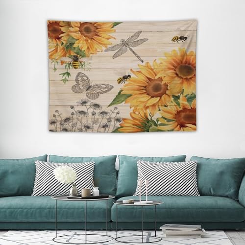 Sunflower Tapestry,Watercolor Flower Rustic Wooden Plank Retro Barn Door Butterfly Tapestry for Bedroom,Nature Landscape Tapestry Wall Hanging for Living Room Dorm Home Decor,40"x30" - color: Sunflower-4, size: W40xL30in