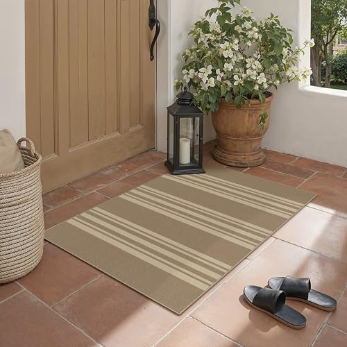 PureCozy Striped Easy Jute Rug 2x3 Khaki Entryway Carpet Washable Non Slip Door Mat Farmhouse Neutral Non Shedding Entry Small Indoor Outdoor Rug for Kitchen Bedroom Mudroom Bathroom - color: Khaki/Striped, size: 2' x 3' (Rectangular)