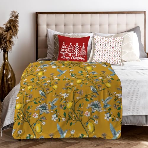 Mustard Yellow Lemon Bird Floral Throw Blanket for Couch, Cottagecore Home Decor, Chinoiserie Hummingbird Botanical Throw Blanket for Bedroom Living Room Home Decoration, 50x60 Inches - color: Color_14
