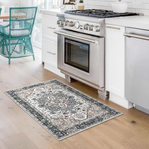 KOZYFLY Small Area Rug 2x3 Ft Rugs for Entryway Washable Boho Entry Rug Non Slip Door Mat Indoor Entrance Faux Wool Vintage Printed Kitchen Rug Throw Rugs for Entrance Kitchen, Black/Taupe/Beige - color: Black/Taupe/Beige, size: 2' x 3' (Rectangular)