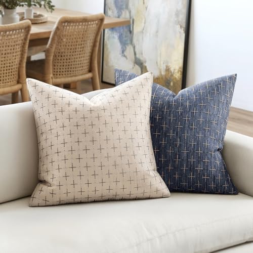 MIULEE Pack of 2 Decorative Burlap Linen Throw Pillow Covers Modern Farmhouse Vintage Pillowcase Rustic Woven Textured Cushion Cover for Sofa Couch Bed 20x20 Inch Blue - color: Blue, size: 20" x 20" (Pack of 2)