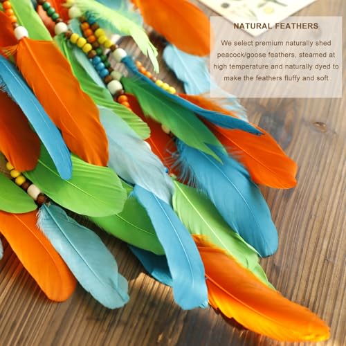 Dream Catcher Native American Boho Dreamcatcher Rattan Wall Decor, Handmade Natural Goose Feathers Blue Beaded Hanging Wall Art Indian Decor for Bedroom Living Room - color: Blue Green Orange