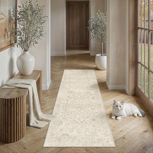 2x6 Beige Washable Runner Rug for Living Room Bedroom Neutral Soft Floral Non Slip Runner Rug Lightweight Vintage Low Pile Distressed Runner Kitchen Hallway Bedroom - color: Beige, size: 2'x6'