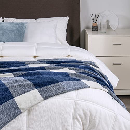RECYCO Buffalo Paid Chenille Throw Blanket for Couch, Soft Cozy Decorative Buffalo Check Blanket Throw with Tassels for Bed Sofa, Lightweight Chenille Knitted Throw, Plaid Navy Off White, 50'' x 60'' - color: Plaid Navy Off White, size: 50'' X 60''