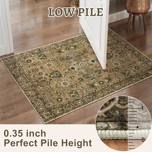 Tangsoo Vintage Brown 2x3 Washable Rugs for Entryway, Small Area Boho Non-Slip Front Door Rug, Farmhouse Accent Rug Doormat, Soft Low Pile Rugs for Indoor Entrance Entry Kitchen Bedroom Home Decor - color: Floral/Brown, size: 2' X 3' (Rectangular)
