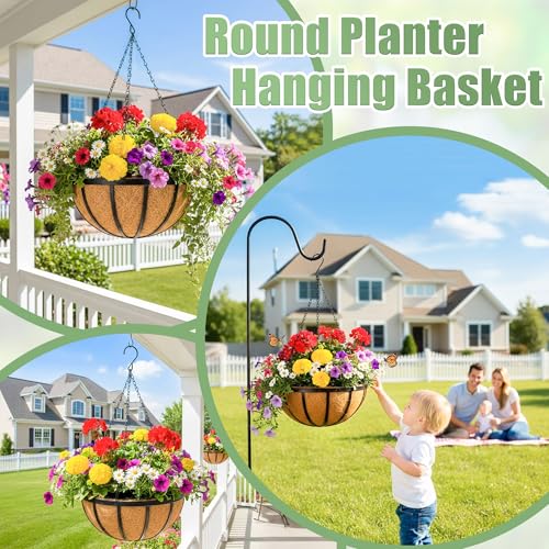 4 Pack 12 Inch Hanging Baskets for Plants Outdoor Metal Hanging Planters Round Hanging Flower Pots with Coco Coir Liner Plant Holder for Outdoor Patio Garden Balcony Decor - Flat Iron - color: Flat Iron