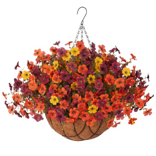 Fake Mums Artificial Fall Flowers with Hanging Baskets Outdoors for Decoration Faux mums for outdoor planters Daisy Flower with Eucalyptus Leaves for Porch Home Patio Balcony and Yard Autumn Decor - color: Orange Brown Yellow