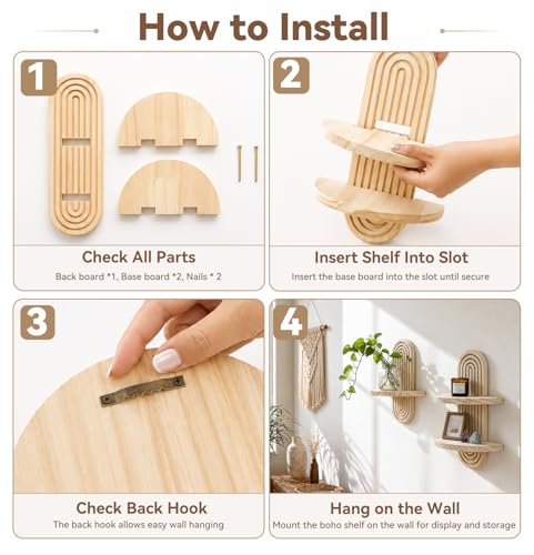Artilady Boho Wall Decor Wood Shelves Set of 2, Rustic Display Shelf for Crystal Candle Plant, Wall Art for Bedroom Living Room Bathroom (Beige Set 1) - color: Beige Set 1