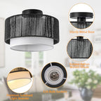 SineRise 12'' Rattan Flush Mount Ceiling Light Fixture,2-Tier Drum Hand-Woven Boho Flush Mount Ceiling Light,Farmhouse Light Fixture for Living Room,Kitchen,Bedroom Foyer Entryway ect.（Black） - color: Black, size: Small Ceiling