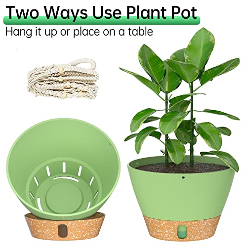 ZMTECH 2 Pack 10 Inch Hanging Planters with Macrame Plant Hanger for Indoor and Outdoor Plants, Self Watering, Drainage Hole, Visible Level Tray, Green - color: Green (Macrame), size: 10 Inch