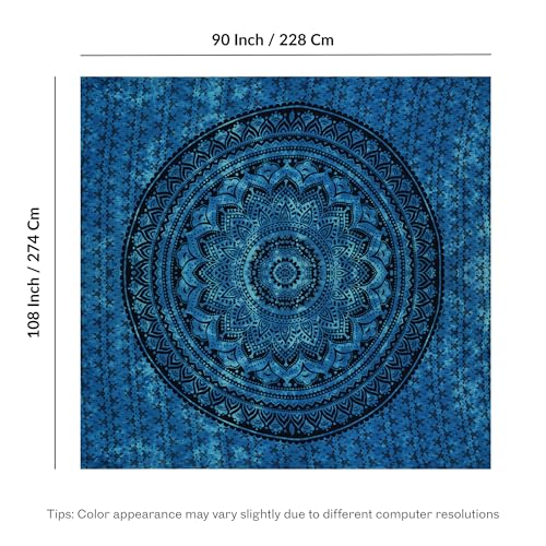 FURNISHFUL FINESSE Hand Block Printed Cotton Mandala Wall Tapestry - Blue Ombre Boho Wall Decor, Bohemian Hippie Room Hanging for Bedroom, Dorm & Living Room Aesthetic - 90X108, Blue - color: Blue, size: 108"L x 90"W