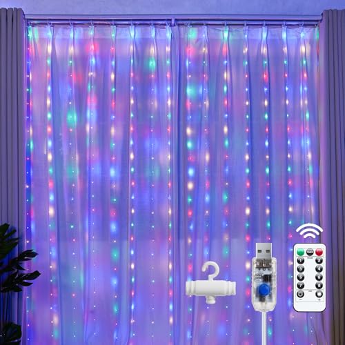 Brightown 300 LED Fairy Curtain Lights, Curtain String Lights, USB Plug in 8 Lighting Modes Christmas Decoration, Hanging Lights with Remote for Bedroom Indoor Weddings Dorm Multicolor 1 Pack - color: Multicolor, size: 1 Pack-300 LED-USB Plug