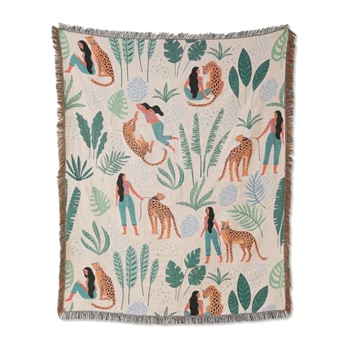 LumiSyne Double-Sided Cotton Woven Throw Blanket with Tassel Jungle Bohemian Style Tapestry Shawl Multi-Function Decorative Throws for Sofa Bed Armchair Camping Blanket Tablecloth Carpet 160x130cm - color: Cheetah Glimpse