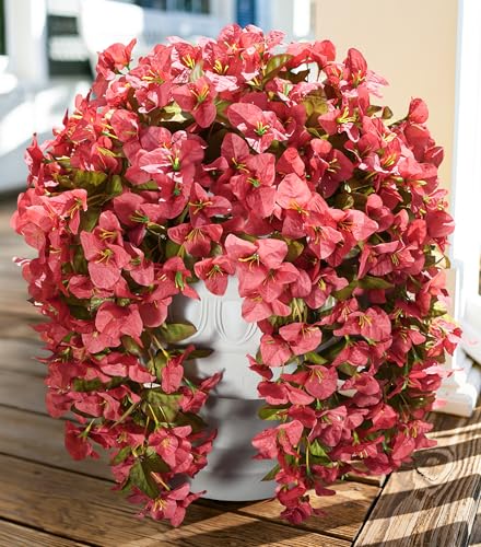 Bougainvillea Artificial Flowers Fake Plants for Outdoors Winter Decoration, 2 pcs Faux Long Trailing Vines UV Resistant Look Real Red Silk Flowers for Outside Planter Front Door Porch Urn Yard Patio - color: Fall Red