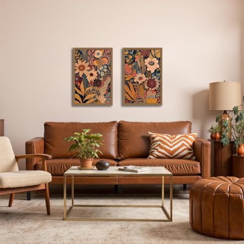 2pcs Orange Flower Framed Canvas Wall Art Set Rural Bohemian Natural Style Canvas Painting Mid Century Modern Floral Botanical Wall Deco For Living Room,Bedroom,Office 16x24in - color: Orange flowers, size: 16x24in