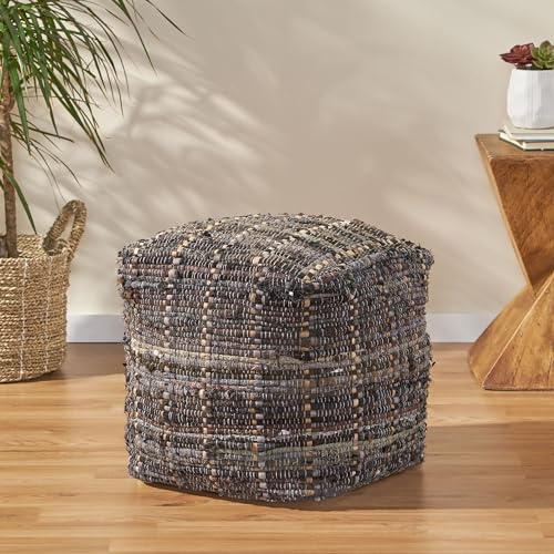 GDFStudio Boho Handmade Fabric Cube Pouf Ottoman Foot Stool - Bean Bag Floor Chair - Foot Rest Couch for Living Room Bedroom Khaki,16" x 16" x 16" - color: Kamil Khaki, size: 16"