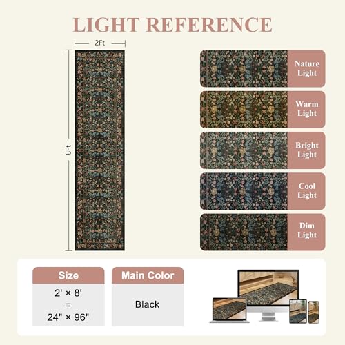 DUKONO 2x8 Runner Rug for Hallway, Non Slip Vintage Floral Kitchen Runner Rug with Non Shedding, Lightweight Soft Indoor Low Pile Carpet for Entryway, Kitchen, Bathroom, Bedroom, Laundry, Black - color: Black, size: 2' x 8' (Rectangular)